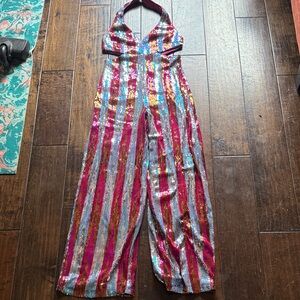 Nasty Gal Multicolor Sequin Halter Wide Leg Jumpsuit - Pink, Blue, Gold